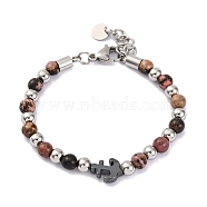 Natural Rhodochrosite & Synthetic Magnetic Hematite Anchor Beaded Bracelet, 8-1/2 inch(21.5cm)(BJEW-P339-01P-03)