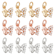 CHGCRAFT 12Pcs 3 Colors Brass Micro Pave Cubic Zirconia Charms, Cadmium Free & Lead Free, Butterfly, Mixed Color, 11x10x2mm, Hole: 3mm, 4pcs/color(ZIRC-CA0001-05)
