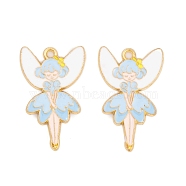 Rack Plating Alloy Enamel Pendants, Golden, Angel Charm, Light Sky Blue, 30x19x1.5mm, Hole: 1.8mm(FIND-A040-08A-03G)