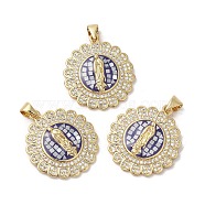 Flat Round with Virgin Mary Brass Micro Pave Cubic Zirconia Pendants, with Enamel & Shell, Long-Lasting Plated, Lead Free & Cadmium Free, Real 18K Gold Plated, Blue, 25.5x23x4mm, Hole: 5x3.5mm(KK-K385-029G)