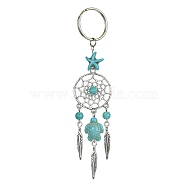 Alloy Woven Net/Web with Feather Pendant Keychain, with Sea Turtle Synthetic Turquoise and Iron Split Key Rings, Light Sea Green, 12.7cm(KEYC-JKC00590-01)