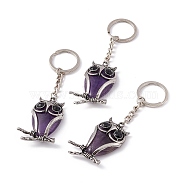 Owl Natural Amethyst Pendant Keychain, with Alloy & Iron Findings, 10cm(KEYC-G056-01AS-01)