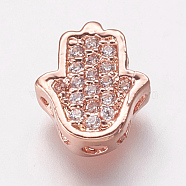 Brass Cubic Zirconia Beads, Hamsa Hand/Hand of Fatima/Hand of Miriam, Clear, Rose Gold, 9.5x8.5x4mm, Hole: 2mm(KK-P134-05RG)