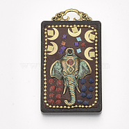Handmade Indonesia Big Pendants, Wood Settings, with Brass Findings and Alloy Loop, Rectangle with Hindu Elephant God Lord Ganesh Statue, Colorful, 57x32x12mm, Hole: 6x3mm(IPDL-S053-214)