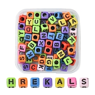 Craft Style Acrylic Beads, Cube with Random Mixed Letters, Mixed Color, 6x6x6mm, Hole: 3mm, 100pcs/box(MACR-YW0002-27)