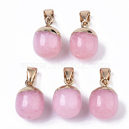 Top Golden Plated Natural White Jade Pendants, with Iron Snap on Bails & Loop, Barrel, Dyed, Pink, 17~19x11.5~12.5mm, Hole: 4x6mm(G-T131-03T)