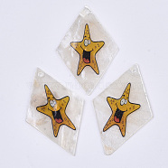 Printed Capiz Shell Pendants, Single-Sided Printed, Rhombus with Starfish/Sea Stars, Colorful, 48~49.5x29.5~30.5x1mm, Hole: 1.6mm(SHEL-T016-08K)