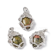 Natural Unakite Pendants, Oval Charms, with Platinum Tone Brass Rose Findings, Cadmium Free & Nickel Free & Lead Free, 25~26x19~19.5x9~9.5mm, Hole: 7.5x5.5mm(G-P484-03P-02)