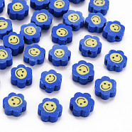 Handmade Polymer Clay Beads, Flower with Smiling Face, Blue, 9~10x8~9x4~5mm, Hole: 1.4~1.6mm(X-CLAY-N011-011I)
