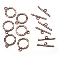Tibetan Style Toggle Clasps, Lead Free & Cadmium Free & Nickel Free, Rondelle, Red Copper Color, Size: Ring: about 15mm in diameter, 2mm thick, hole: 2mm, Bar: 21mm long, hole: 2mm(TIBEP-A12208-R-FF)