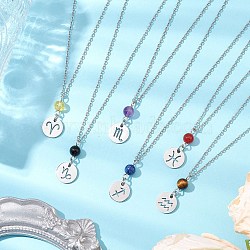 12Pcs 12 Styles 304 Stainless Steel Constellations Pendant Cable Chain Necklaces, Natural & Synthetic Gemstone Round Bead Birthstone Pendant Necklaces for Women, Stainless Steel Color, 17.72 inch(45cm), 1pc/style(NJEW-JN05106)