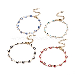 Enamel Heart with Evil Eye Link Chains Bracelet, Vacuum Plating 304 Stainless Steel Jewelry for Women, Golden, Mixed Color, 6-7/8 inch(17.5cm)(BJEW-P271-07G)