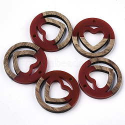 Resin & Walnut Wood Pendants, Ring with Heart, FireBrick, 25x3mm, Hole: 1.8mm(RESI-N025-010A-B02)