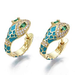 Green Cubic Zirconia Snake Huggie Hoop Earring, Real 18K Gold Plated Brass Enamel Chunky Hoop Earrings for Women, Nickel Free, Deep Sky Blue, 20x18.5x10mm, Pin: 1.5mm(EJEW-N011-46B-NF)