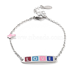 201 Stainless Steel Cross & Rectangle with Word Love Link Bracelets, Enamel Style ID Bracelets for Women, Colorful, 6-3/8 inch(16.2cm)(BJEW-B090-01B-07)
