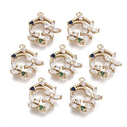 Brass Micro Pave Cubic Zirconia Charms, with Glass, Flower, Long-Lasting Plated, Light Gold, Clear, 13x12x2.5mm, Hole: 1mm(KK-R111-055)