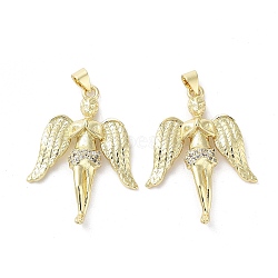 Rack Plating Angel Brass Micro Pave Cubic Zirconia Pendants, Cadmium Free & Lead Free, Long-Lasting Plated, Real 18K Gold Plated, Clear, 35x25.5x6mm, Hole: 3x3.5mm(KK-E102-12G)