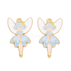 Rack Plating Alloy Enamel Pendants, Golden, Angel Charm, Light Sky Blue, 30x19x1.5mm, Hole: 1.8mm(FIND-A040-08A-03G)