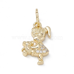 Rack Plating Brass Micro Pave Cubic Zirconia Pendants, Cadmium Free & Lead Free, Long-Lasting Plated, with Jump Ring, Girl with Bear Charm, Real 18K Gold Plated, 16x10.5x2.5mm, Hole: 2.5mm(KK-G451-11G)