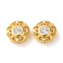 Flat Round 925 Sterling Silver Hollow Out Beads, with Cubic Zirconia, Long-Lasting Plated, with S925 Stamp, Golden, 7.5x3mm, Hole: 4x0.5mm(STER-D005-02G)