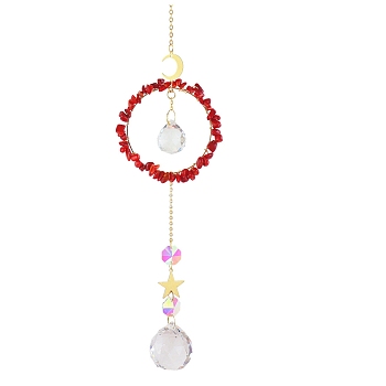 Crystal Glass with Natural Red Coral Sun Catcher Pendant, Rainbow Maker, DIY Garden & Home Decoration, 300~400mm