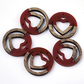 Resin & Walnut Wood Pendants, Ring with Heart, FireBrick, 25x3mm, Hole: 1.8mm