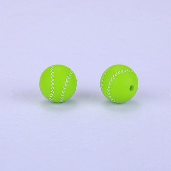 Printed Round with Baseball Pattern Silicone Focal Beads, Lawn Green, 15x15mm, Hole: 2mm