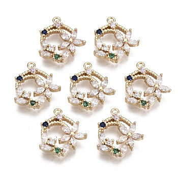 Brass Micro Pave Cubic Zirconia Charms, with Glass, Flower, Long-Lasting Plated, Light Gold, Clear, 13x12x2.5mm, Hole: 1mm