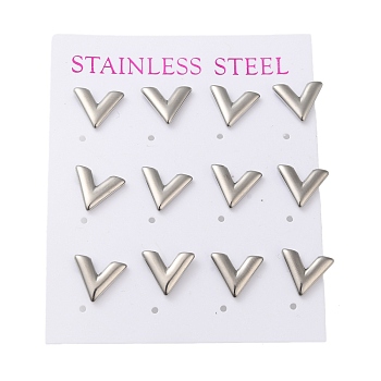 304 Stainless Steel Stud Earring, Letter V, Stainless Steel Color, 11x11mm, 12pcs/set