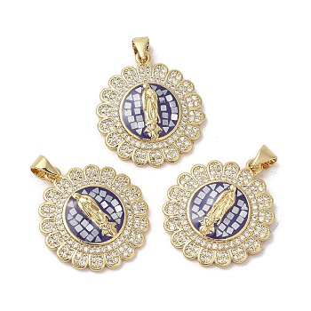 Flat Round with Virgin Mary Brass Micro Pave Cubic Zirconia Pendants, with Enamel & Shell, Long-Lasting Plated, Lead Free & Cadmium Free, Real 18K Gold Plated, Blue, 25.5x23x4mm, Hole: 5x3.5mm