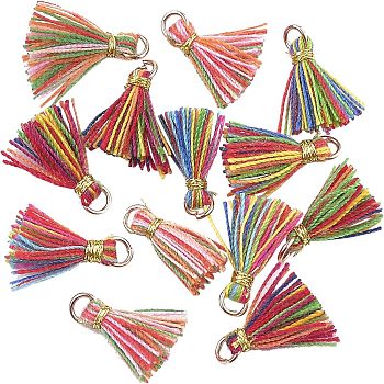 Polycotton(Polyester Cotton) Tassel Pendant Decorations, Mini Tassel, with Iron Findings and Metallic Cord, Colorful, 10~15x2~3mm, Hole: 1.5mm, 100pcs/box