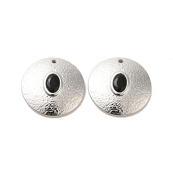 304 Stainless Steel Pendants, with Rhinestone, Flat Round Charms, Stainless Steel Color, Jet, 20x3.8mm, Hole: 1.4mm
