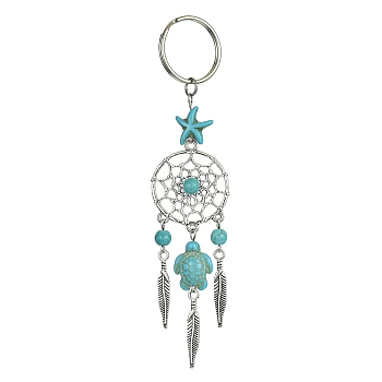Alloy Woven Net/Web with Feather Pendant Keychain, with Sea Turtle Synthetic Turquoise and Iron Split Key Rings, Light Sea Green, 12.7cm