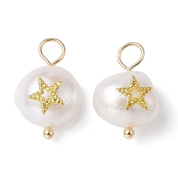 Natural Pearl Pendants, Potato Charms with Golden Plated Brass Slice, Star, 16~17x10~11x7~8mm, Hole: 3mm