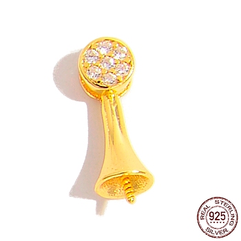 925 Sterling Silver Pin Peg Bails, with Cubic Zirconia, Real 18K Gold Plated, 12x4x4mm, Pin: 0.6mm