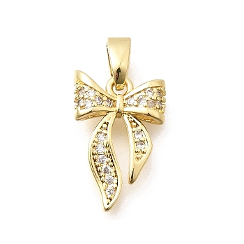 Brass Clear Cubic Zirconia Pendants, Bowknot Charms, Long-Lasting Plated, Real 18K Gold Plated, 15x10x3mm, Hole: 5x3mm