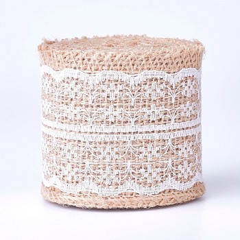 Burlap Ribbon, Hessian Ribbon, Jute Ribbon, with Lace, for Jewelry Making, White, 2-1/8 inch(55mm), about 2m/roll