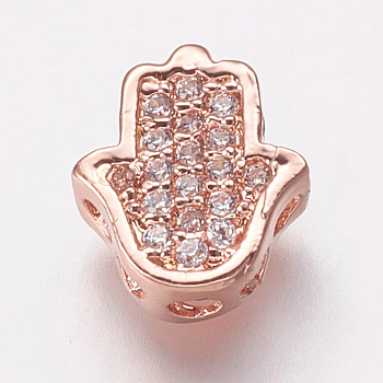 Brass Cubic Zirconia Beads, Hamsa Hand/Hand of Fatima/Hand of Miriam, Clear, Rose Gold, 9.5x8.5x4mm, Hole: 2mm