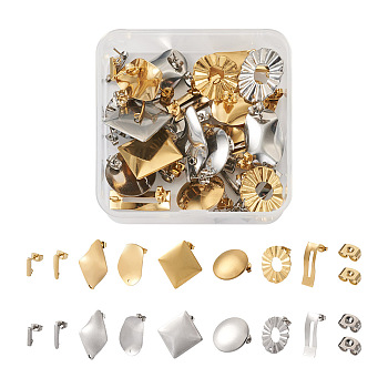 32Pcs 16 Style 304 Stainless Steel Stud Earring Findings, with Hole and 20Pcs Ear Nuts, Flat Round & Rectangle & Oval & Rhombus, Golden & Stainless Steel Color, 10~25mm, Hole: 1.2~4.5mm, Pin: 0.7~0.8mm, 2Pcs/style