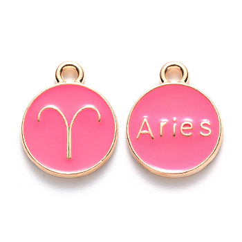 Alloy Enamel Pendants, Cadmium Free & Lead Free, Flat Round with Constellation, Light Gold, Cerise, Aries, 22x18x2mm, Hole: 1.5mm