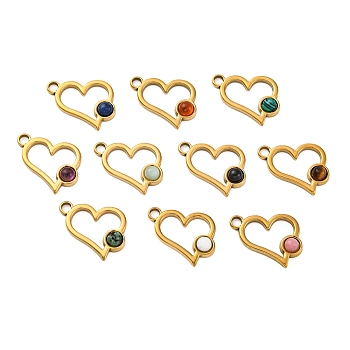 Natural Mixed Stone Pendants, Ion Plating(IP) 304 Stainless Steel Heart Charms, Real 18K Gold Plated, Mixed Dyed and Undyed, 15.5x19x3.5mm, Hole: 3mm