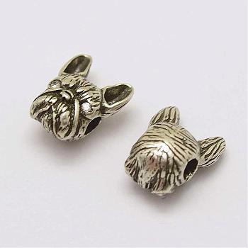 Brass Puppy Beads, with Cubic Zirconia, Bulldog Head, Cadmium Free & Nickel Free & Lead Free, Antique Silver, 11x9.5x6.5mm, Hole: 2.5mm