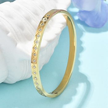 304 Stainless Steel Rhinestone Bangles for Women, Rhombus, Real 18K Gold Plated, Inner Diameter: 2-2/8x2-3/8 inch(5.05x6cm)