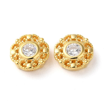 Flat Round 925 Sterling Silver Hollow Out Beads, with Cubic Zirconia, Long-Lasting Plated, with S925 Stamp, Golden, 7.5x3mm, Hole: 4x0.5mm