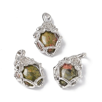 Natural Unakite Pendants, Oval Charms, with Platinum Tone Brass Rose Findings, Cadmium Free & Nickel Free & Lead Free, 25~26x19~19.5x9~9.5mm, Hole: 7.5x5.5mm