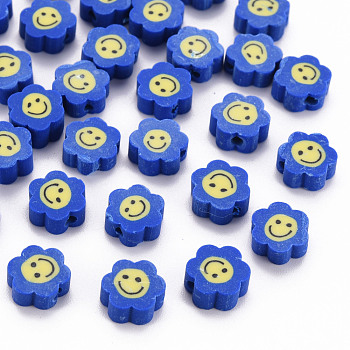 Handmade Polymer Clay Beads, Flower with Smiling Face, Blue, 9~10x8~9x4~5mm, Hole: 1.4~1.6mm