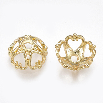 5-Petal Brass Bead Caps, Heart, Real 18K Gold Plated, 9.5x9.5x4.5mm, Hole: 1.5mm