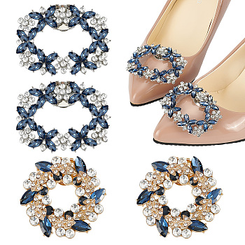 4Pcs 2 Styles Flower Brass Rhinestone Shoe Decorations, Detachable Shoe Buckle Clips, Capri Blue, 49~54x56~63x10~14mm, 2pcs/style