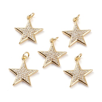 Brass Micro Pave Clear Cubic Zirconia Pendants, Long-Lasting Plated, with Jump Rings, Star, Real 18K Gold Plated, 19x17x2.5mm, Jump Ring: 5x1mm, 3mm Inner Diameter