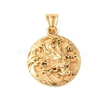 304 Stainless Steel Pendants, Flat Round & Chinese Dragon Wave Medallion Charm, with 201 Stainless Steel Snap on Bails, Ion Plating(IP), Long-Lasting Plated, Golden, 32.5x27.5x5mm, Hole: 8x5mm(STAS-F363-17G)